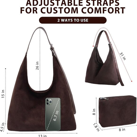 Brown Suede Tote Bag Women Large Capacity Adjustable Strap Crossbody - Picture 3 of 6